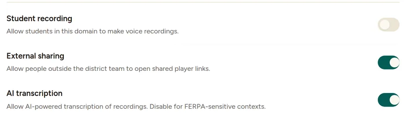 Admin policies with Student recording off, External sharing on and AI transcription on