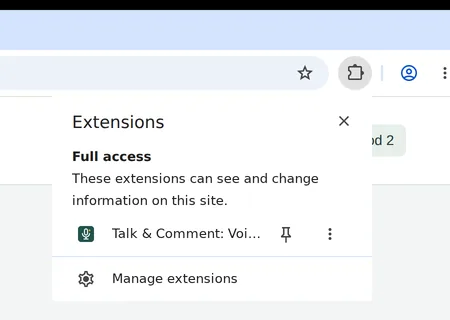 Menu Extensions de Chrome avec l’épingle à côté de Talk & Comment