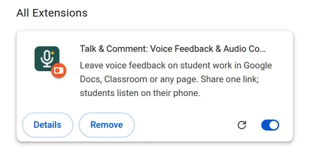 Administrador de extensiones de Chrome con la tarjeta de Talk & Comment, el interruptor de activación y Quitar