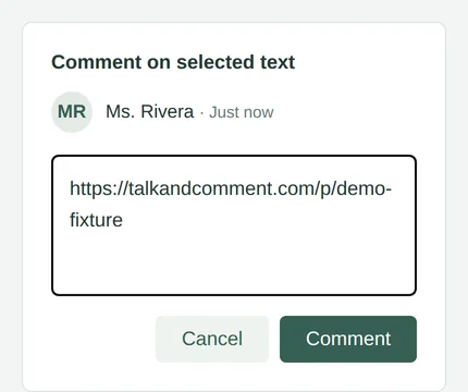 Lien de note vocale collé dans un champ de commentaire modifiable d'exemple