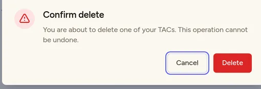 Confirm delete dialog warning that the operation cannot be undone, with Cancel and Delete
