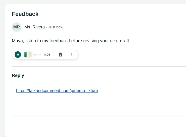 Example course page with a player in posted feedback and a plain link in an editable reply