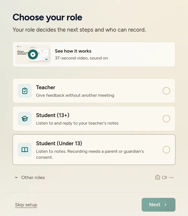 Choose your role screen with teacher, student, and other roles