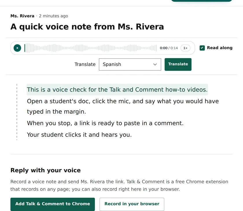 Shared voice-note player with Read along, transcript text, and Translate controls