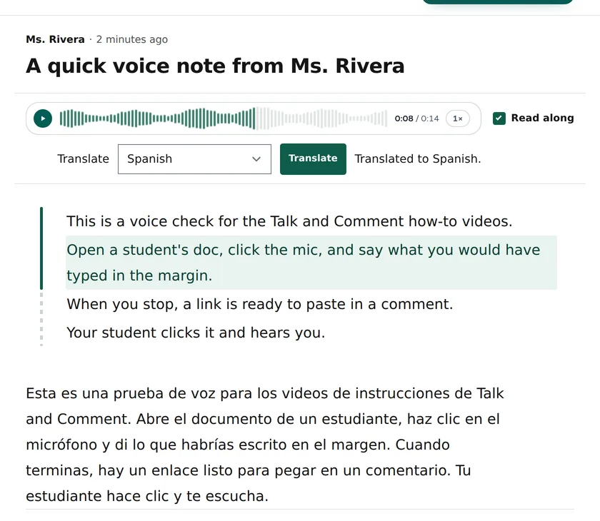 Shared player showing a Spanish translation beneath the original transcript