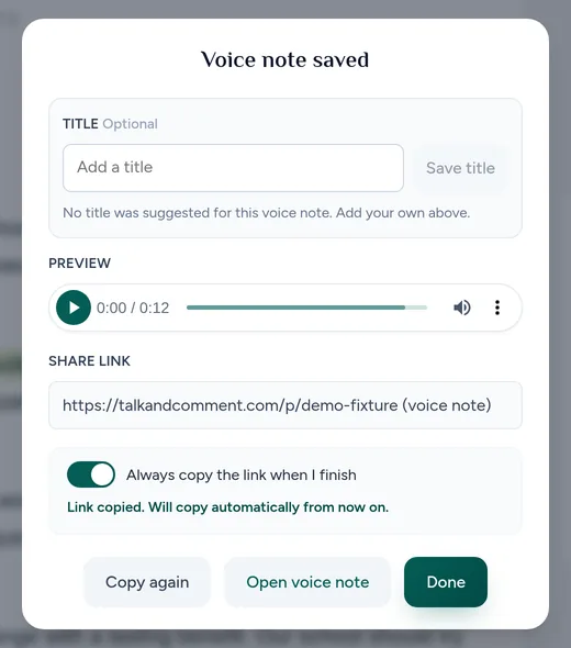 Saved card with automatic link copying enabled