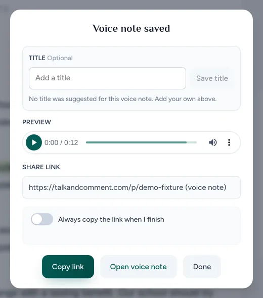 Saved voice note card with a Copy link button