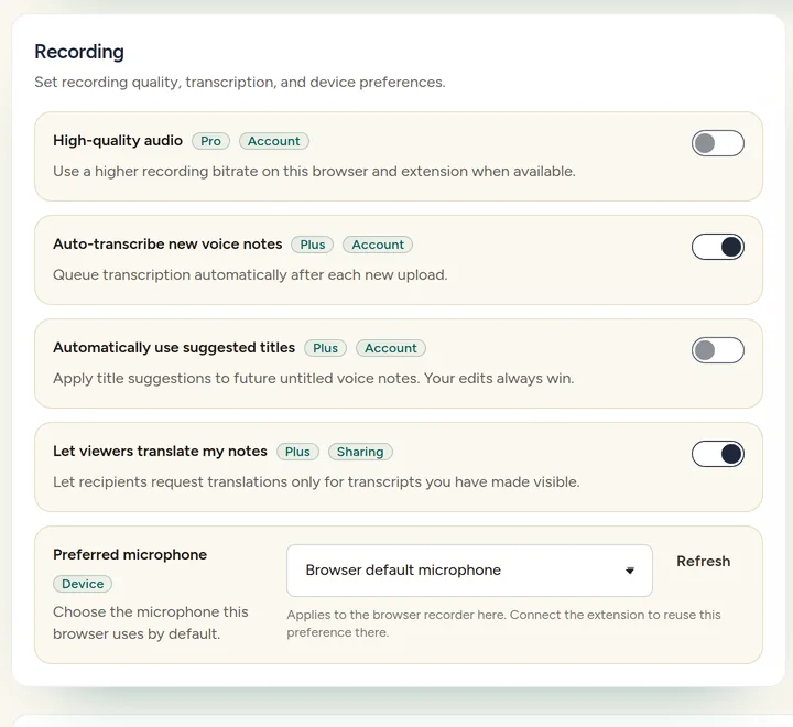 Recording settings with automatic transcription and viewer translation switches