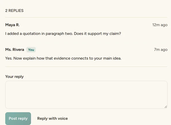 A Space thread with two text replies, a Your reply box, Post reply and Reply with voice