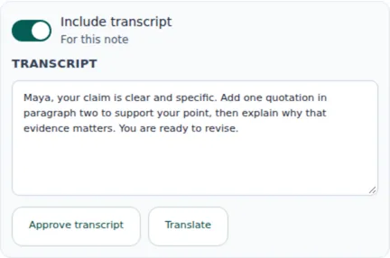 Transcript review area with Include transcript, transcript text, and Approve transcript